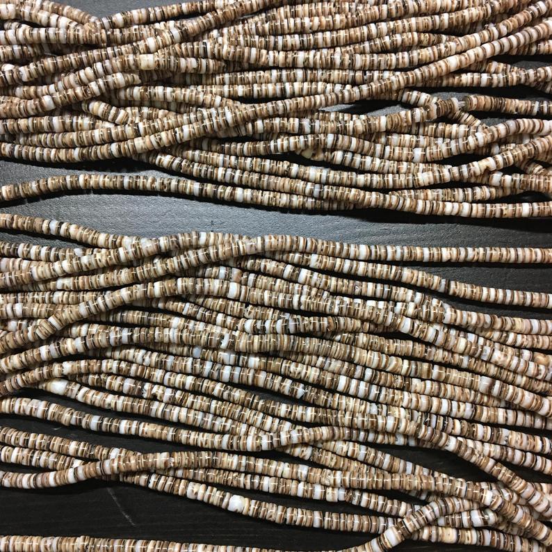 2.8-3mm Pen Shell Heishi, Light Brown, 24 inch long.
