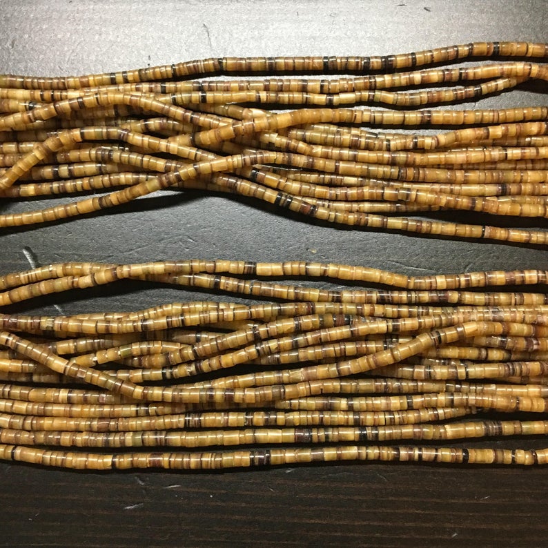 2.5-3mm Pen Shell Heishi, Medium Brown, 24 inch long.