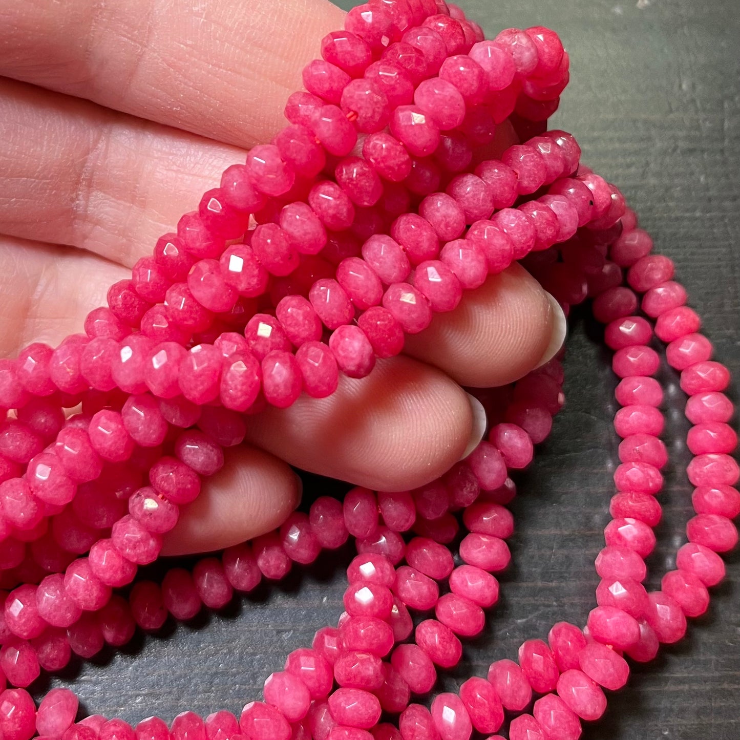 5mm Dyed Jade Faceted Rondelles, Fuchsia Pink, 15.75 inches long.