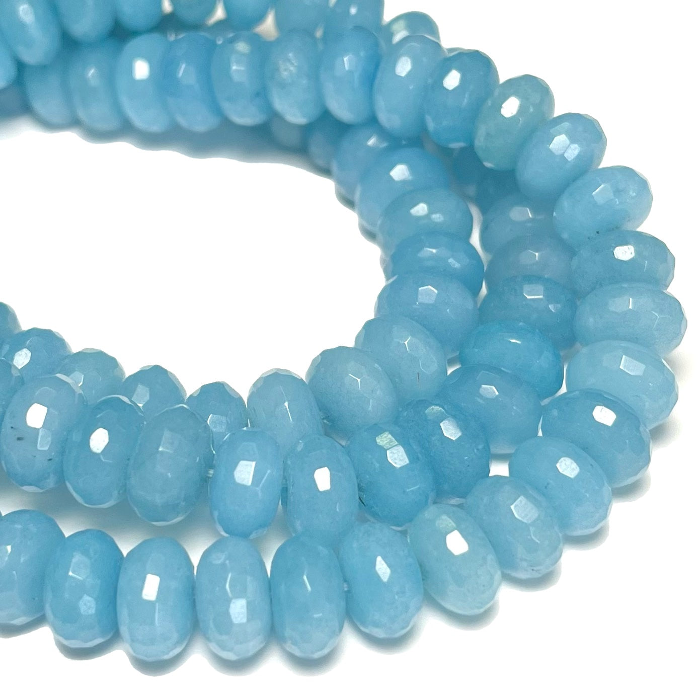 10mm Dyed Jade Faceted Rondelles, light blue, 15.75 inches long.