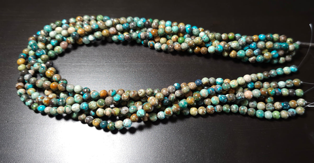 5mm Hubei Turquoise Rounds. Natural mixed quality of turquoise, 16 inch strand.