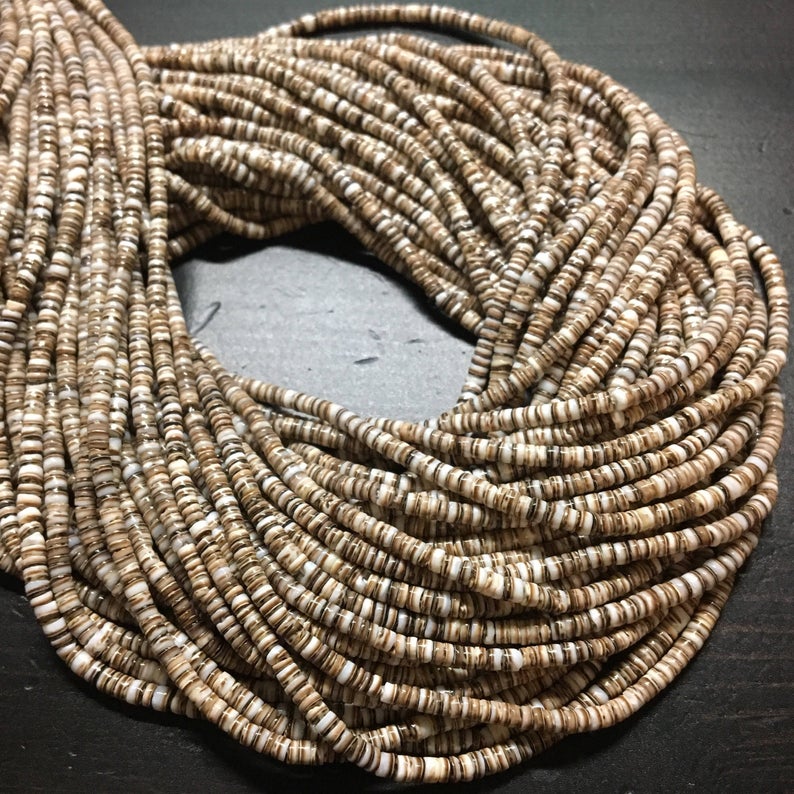 2.8-3mm Pen Shell Heishi, Light Brown, 24 inch long.