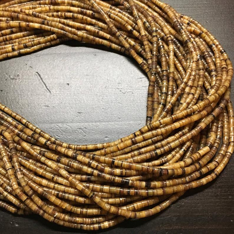 2.5-3mm Pen Shell Heishi, Medium Brown, 24 inch long.
