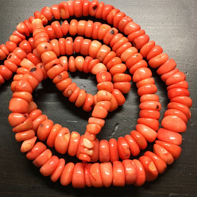 6-12mm Bamboo coral, graduated freeform discs, orangish red, 16 inches long