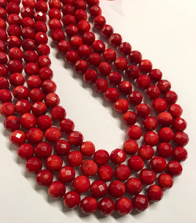 Bamboo coral, faceted rounds, 8mm, true red, 15.5 inches long.