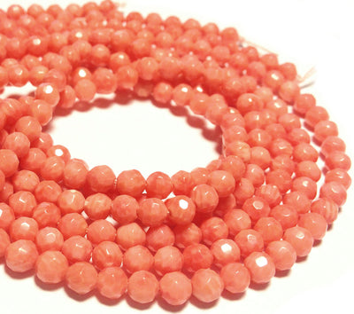 4mm Salmon Pink Bamboo Coral, Faceted Rounds. 16" Strand.