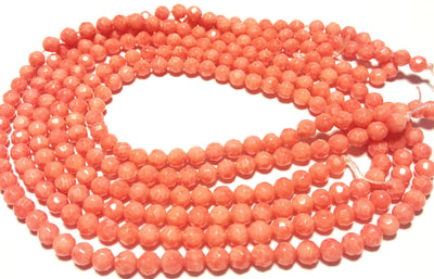 4mm Salmon Pink Bamboo Coral, Faceted Rounds. 16" Strand.