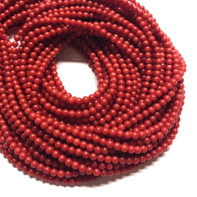 3mm rounds, bamboo coral, brick red, 16 inch strand.